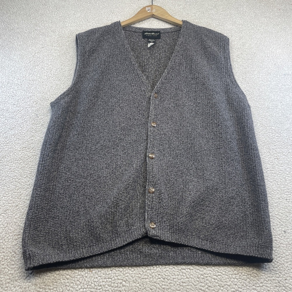 Eddie Bauer Sweater Vest Mens Medium Tall Gray Button Front Knit Cotton USA Made